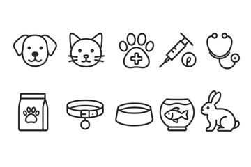 Pet care icons representing various animals and veterinary elements in a simple, modern design