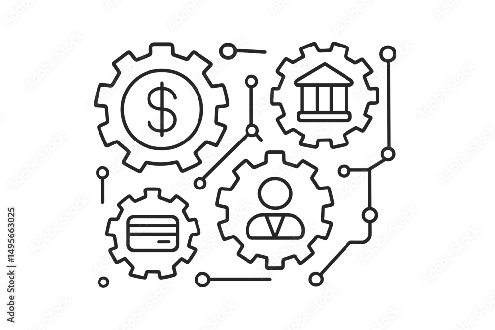 Poster financial technology gears representing banking, payment systems, and user interaction in a digital 