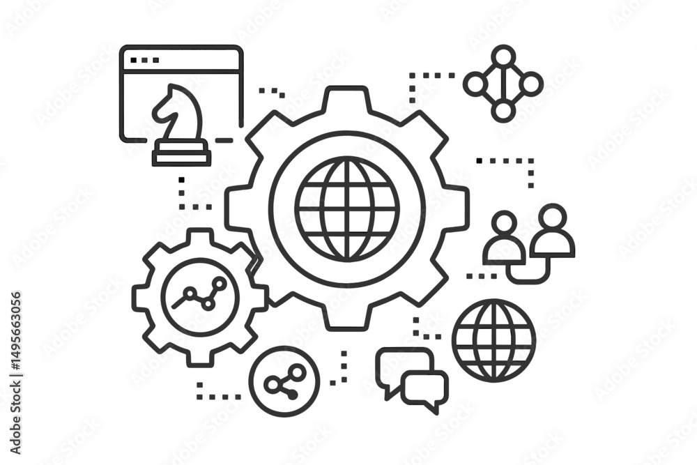 Leinwandbilder modern technology concept with gears and global connectivity for network strategy and business devel