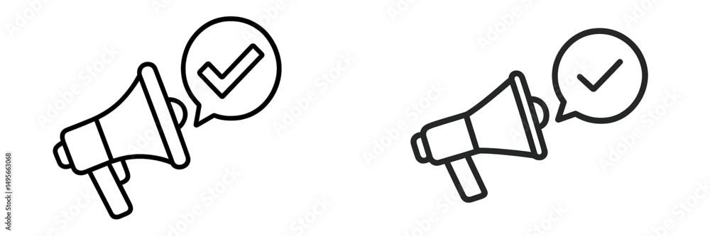 Aufkleber megaphones with check marks representing final approvals in announcement or notification contexts in
