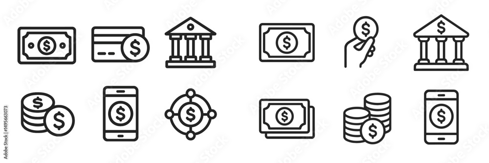 Aufkleber Various currency and banking icons representing financial transactions and services in a minimalist style