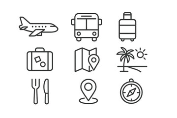 Travel icons representing adventure, transportation, and exploration for journey planning