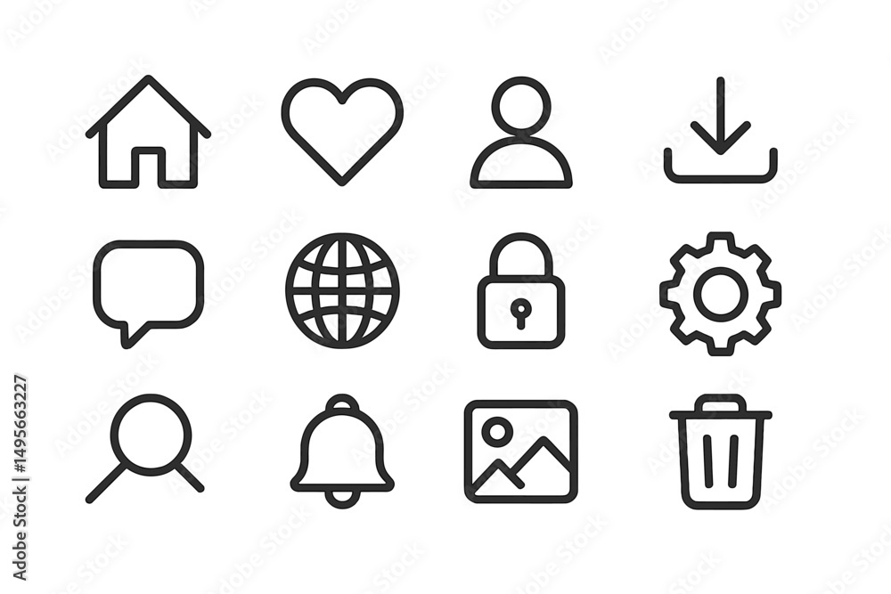Poster collection of minimalist icons representing common digital functions and user interface elements in 