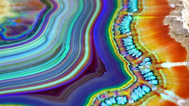 Close up of colorful bands and formations in a polished slice of agate stone with vibrant blues, greens, purples, and oranges.