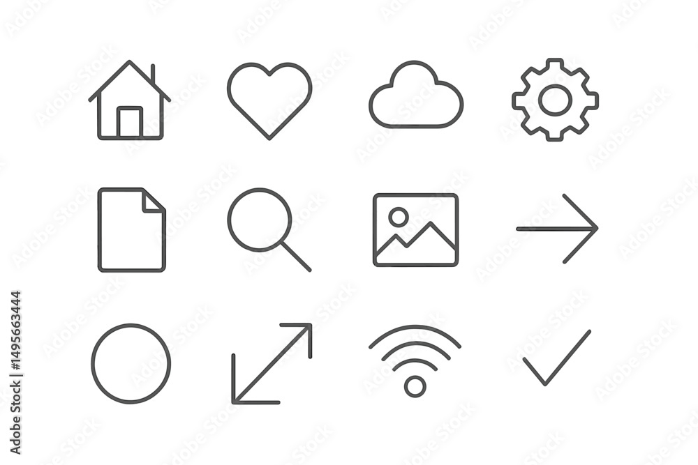 Poster collection of minimalist icons depicting common activities and functions in a digital interface