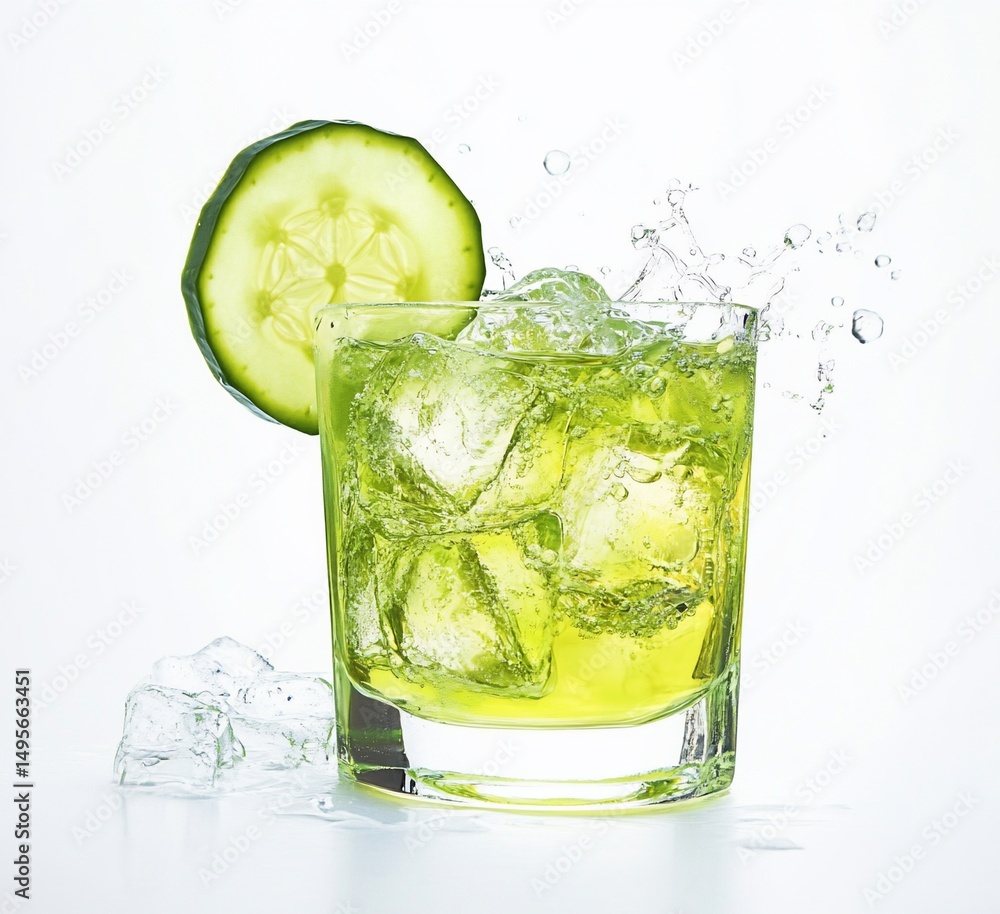 Poster refreshing cucumber drink in glass with ice cubes and splash.