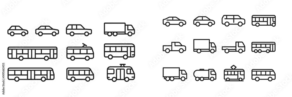 Aufkleber collection of transportation icons depicting various vehicle types and designs in a minimalist style