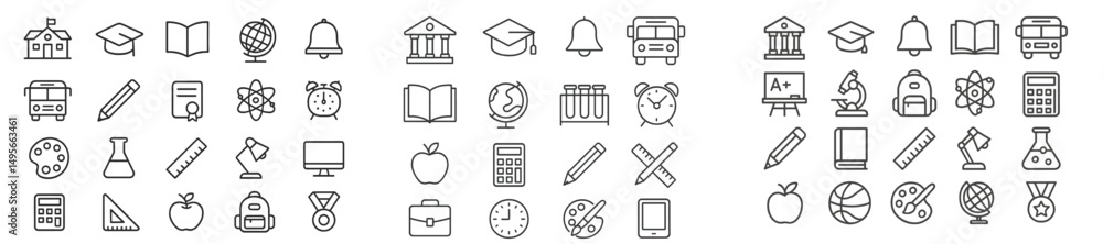 Poster Various educational icons representing different subjects, tools, and elements of learning in a simplistic design layout