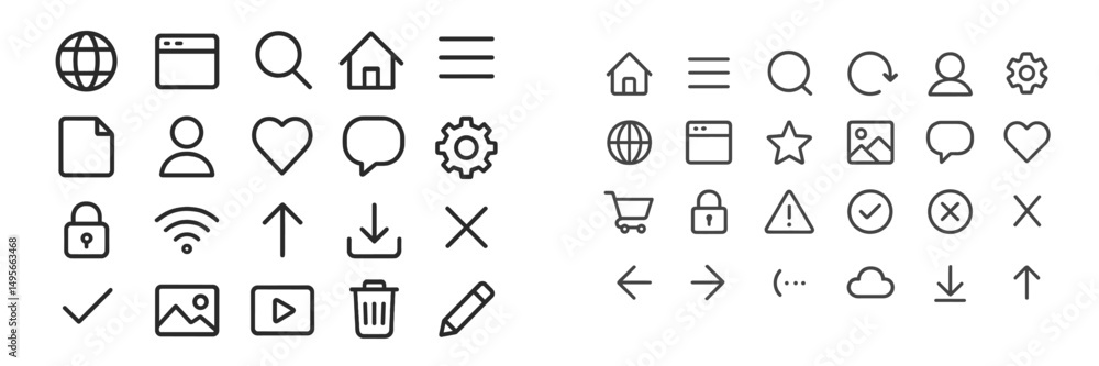 Poster collection of various line icons representing different web and application functionalities
