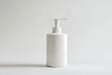 &bull;  White ceramic liquid detergent dispenser with pump top, minimalist aesthetic on white 