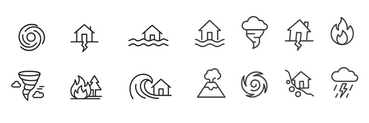 Various natural disaster icons depicting storms, floods, and wildfires in a minimalist design