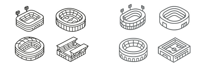 Different types of sports stadium designs depicted in a minimalist style showcasing their unique features and layouts