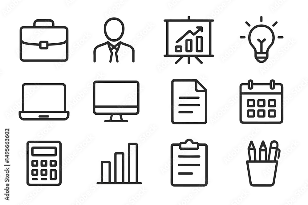 Poster Business icons representing various professional activities and tools for efficient workflow in a modern office environment