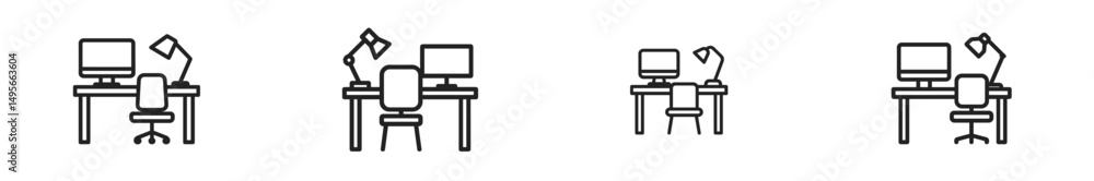 Poster Workstation setups with varying desk designs and chair arrangements in a minimalist style suitable for home office environments