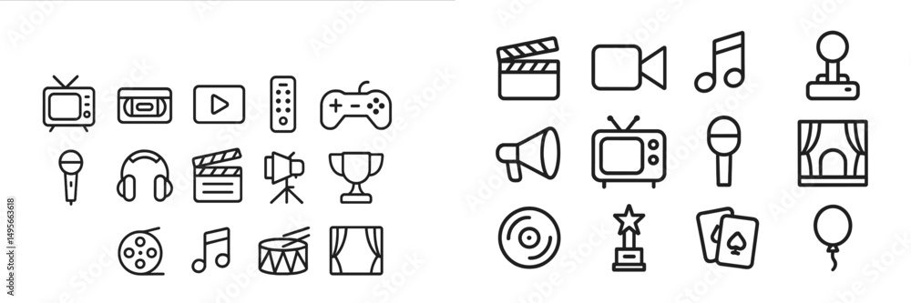 Poster various entertainment icons and symbols representing different media and activities in a simplistic 