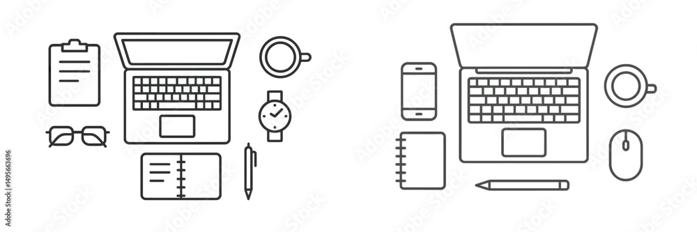 Poster workspace setup with laptop, notebooks, and office supplies for productivity in a minimalist design