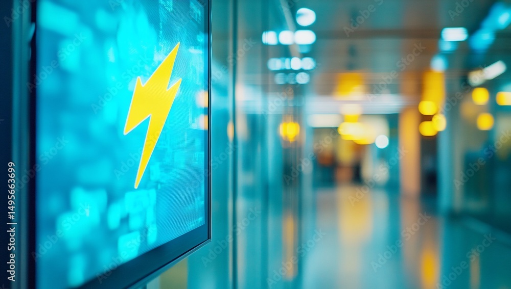 Poster digital display showing a lightning bolt symbol in a modern hallway.