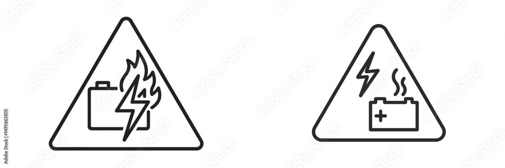 Poster warning symbols indicating potential hazards of battery and electrical equipment fires in various co