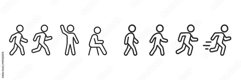 Aufkleber various actions of a stick figure illustrating walking, waving, sitting, and running in a minimalist