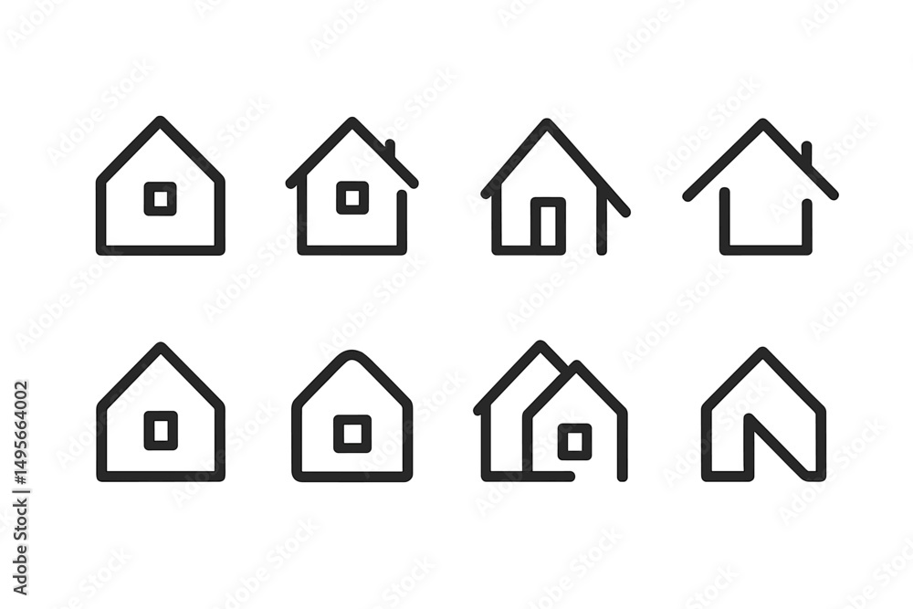 Poster different designs of simple house icons displayed in a grid layout for graphic design purposes