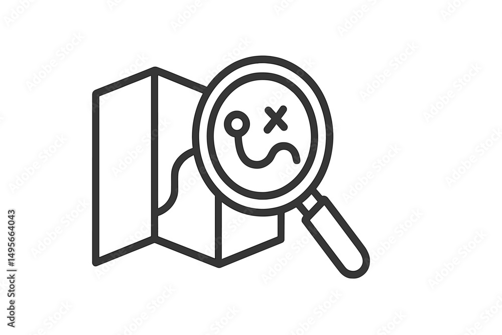 Aufkleber exploring directions with a magnifying glass over a map indicating a lost pathway during a journey