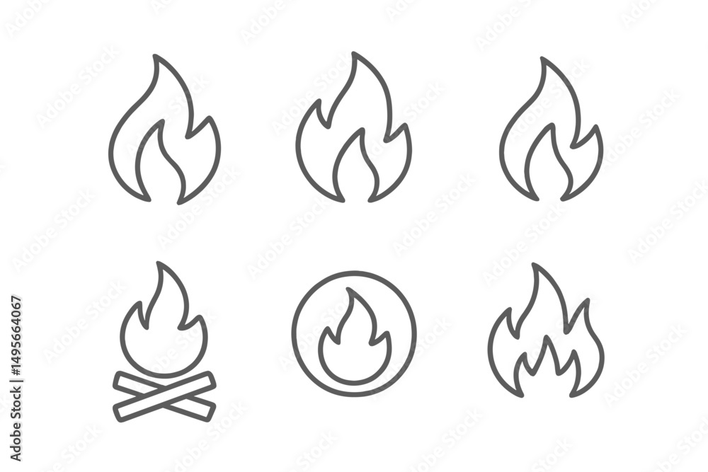 Poster collection of simple flame icons for design use showcasing various styles and sizes