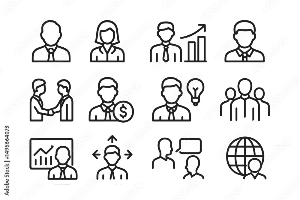 Poster business icons showing teamwork, growth, and communication in a professional setting with diverse in