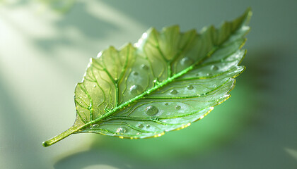 Obraz premium A fresh green leaf rests with water droplets glistening as warm sunlight filters through.