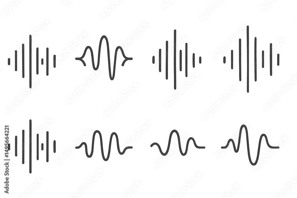 Poster sound wave patterns illustrating various frequencies and amplitudes in a clean, minimalist style on 