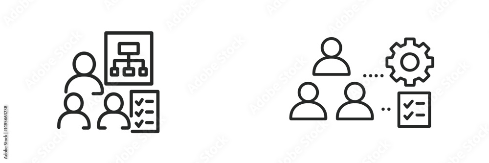 Fototapete team collaboration and planning process illustrated through simple line icons representing workflow 