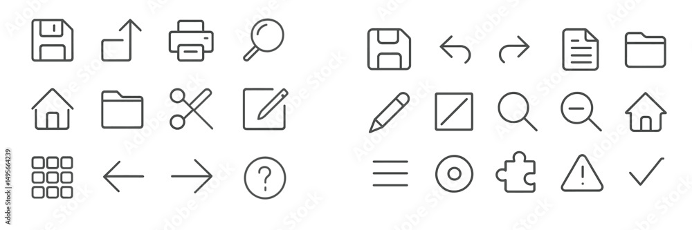 Poster collection of minimalist icons representing various digital functionalities and actions for user int