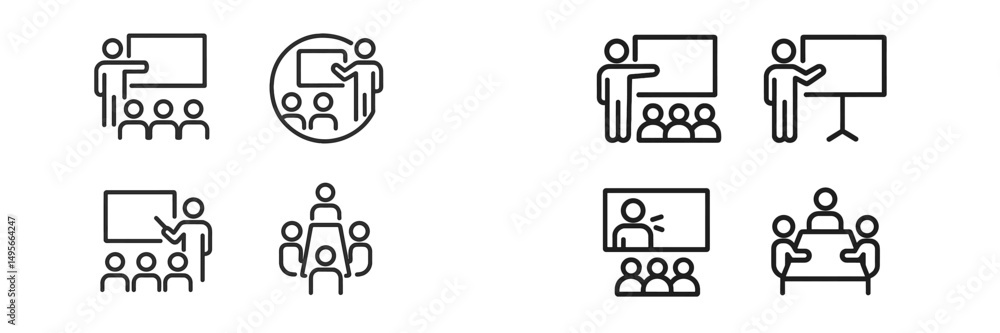 Poster Visual explanation of various presentation styles and group discussions in professional settings