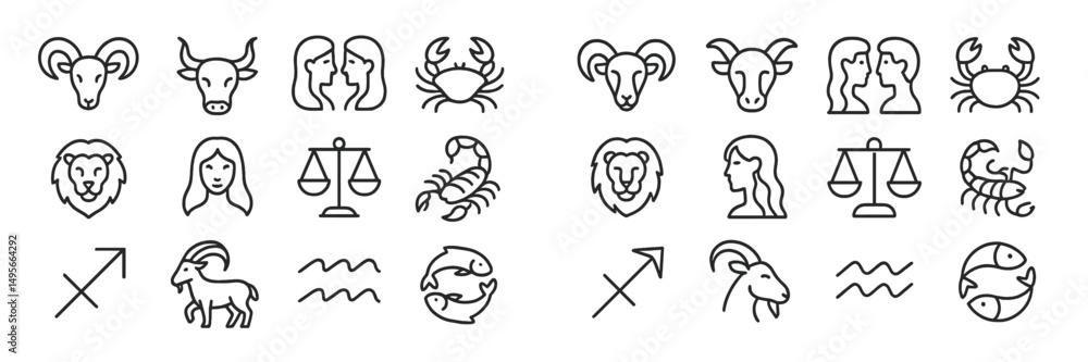 Poster zodiac symbols represented by simple line art designs showcasing the twelve astrological signs again