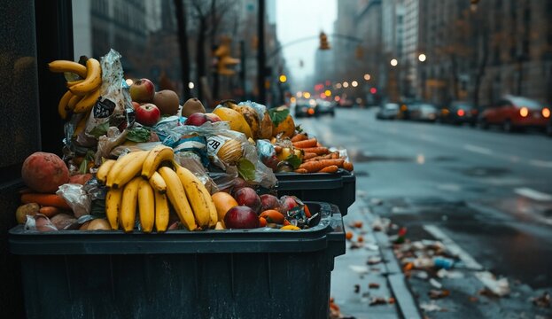Overripe fruit and vegetables discarded in overflowing city bins on a wet street. - Powered by Adobe