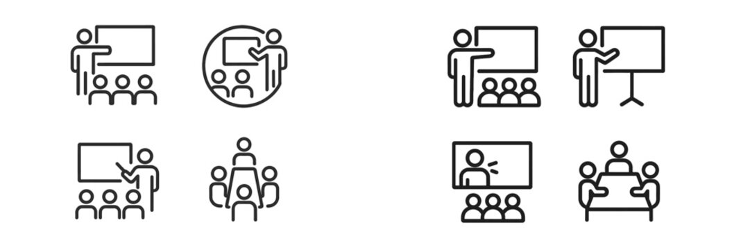 Visual explanation of various presentation styles and group discussions in professional settings