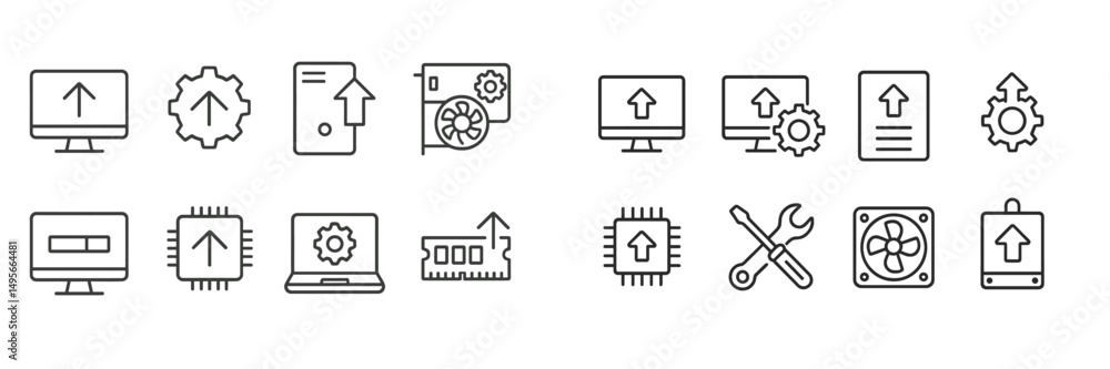 Poster icons representing technology and hardware components in a minimalist design showcasing upgrades and