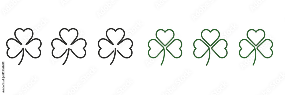 Poster collection of four leaf clover designs in black and green showcasing unique styles and patterns for 