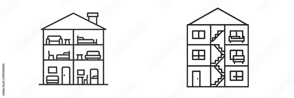 Leinwandbilder Comparing a house layout with a multi-story building design in simple line art style