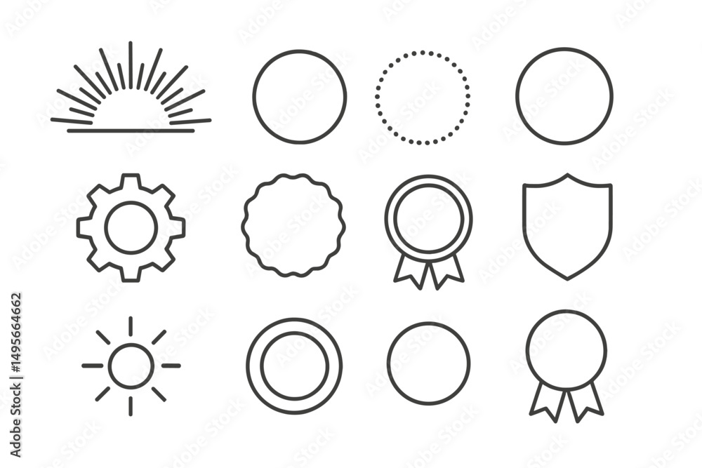 Poster Creative set of simple line art icons featuring sun, shapes, and tools for design projects