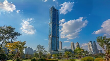 Obraz premium A tall modern office building under blue sky