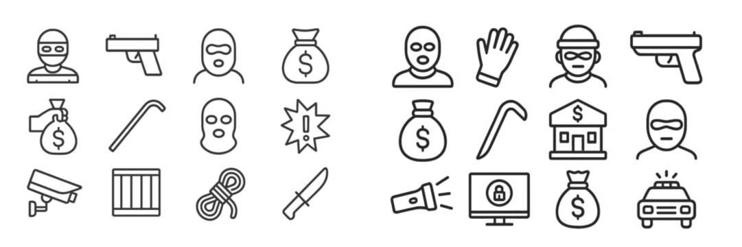 Collection of crime-related icons depicting various criminal activities and paraphernalia, suitable for educational or design projects - Powered by Adobe