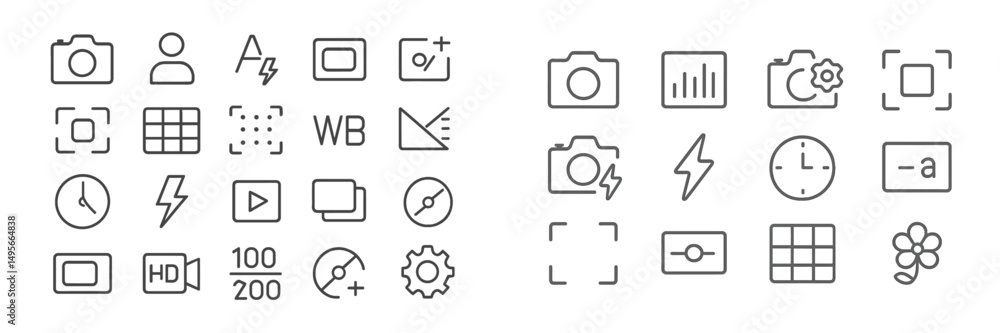 Poster collection of camera icons illustrating various photography settings and options for enthusiasts and