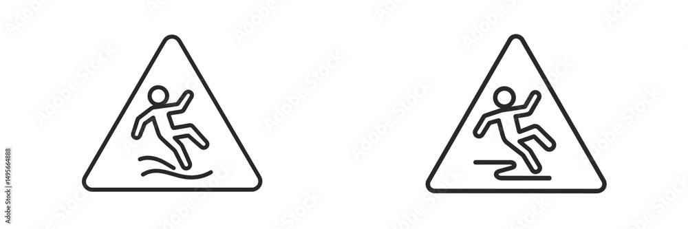 Poster caution signs indicate slippery surfaces in various settings during daylight hours