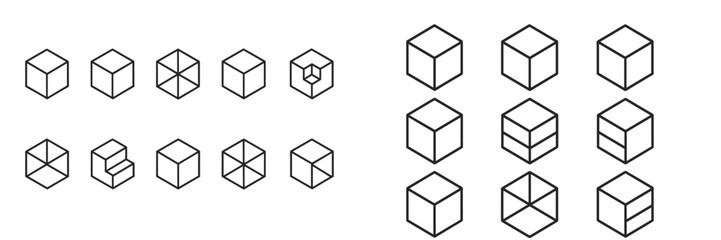 Illustration of various geometric cube designs arranged in two groups showcasing different line patterns and perspectives
