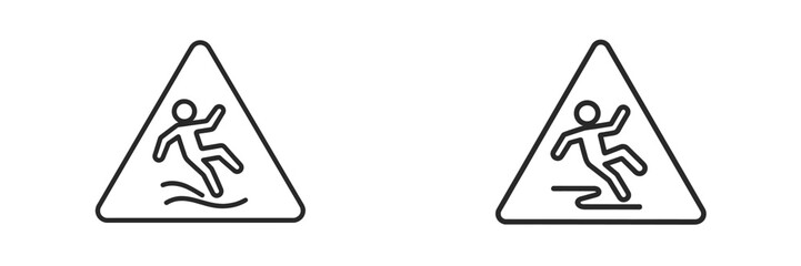 Caution signs indicate slippery surfaces in various settings during daylight hours