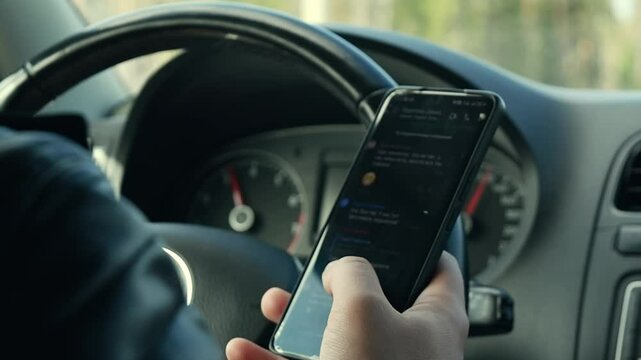 Driver writes and reads messages on smartphone while driving on forest road, dangerously distracted and risking road safety.