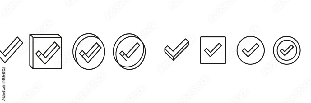 Poster icons representing task completion with check marks in various shapes and sizes on a plain backgroun