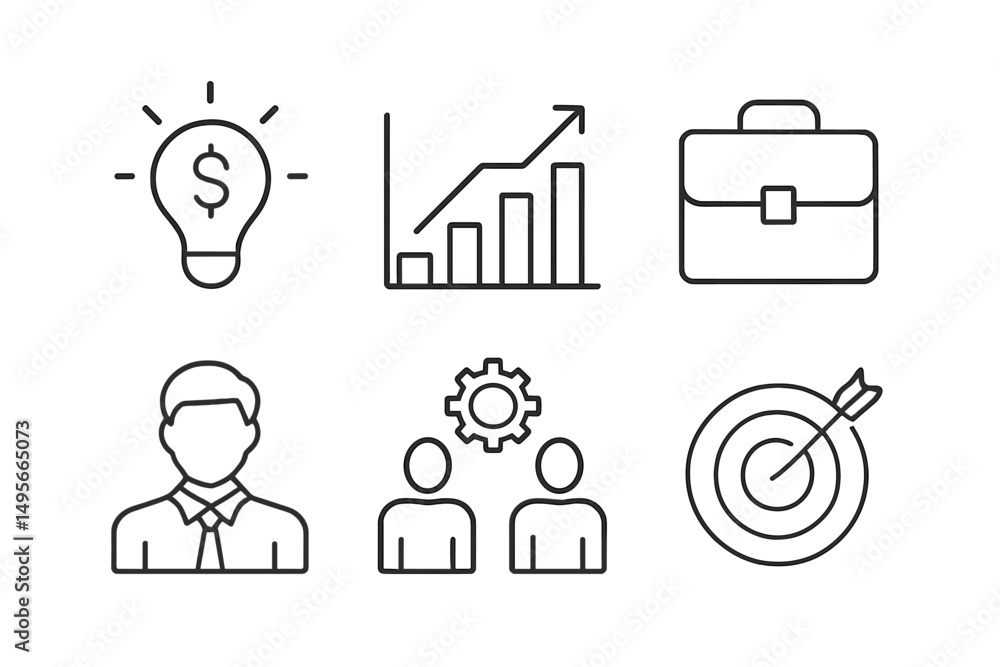 Poster business concepts and strategies represented through icons showing growth, profit, and teamwork in a