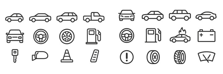 Collection of car and automotive icons representing various activities and components in transportation