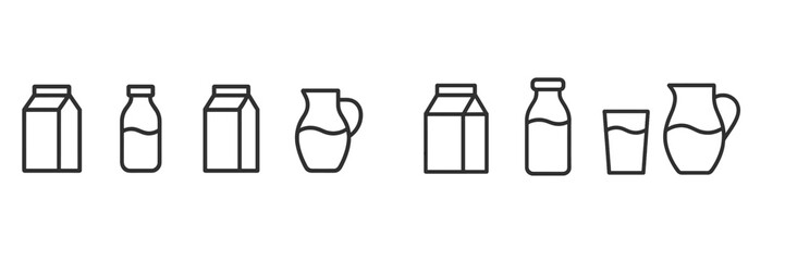 Collection of minimalist line graphics depicting various milk containers and a glass